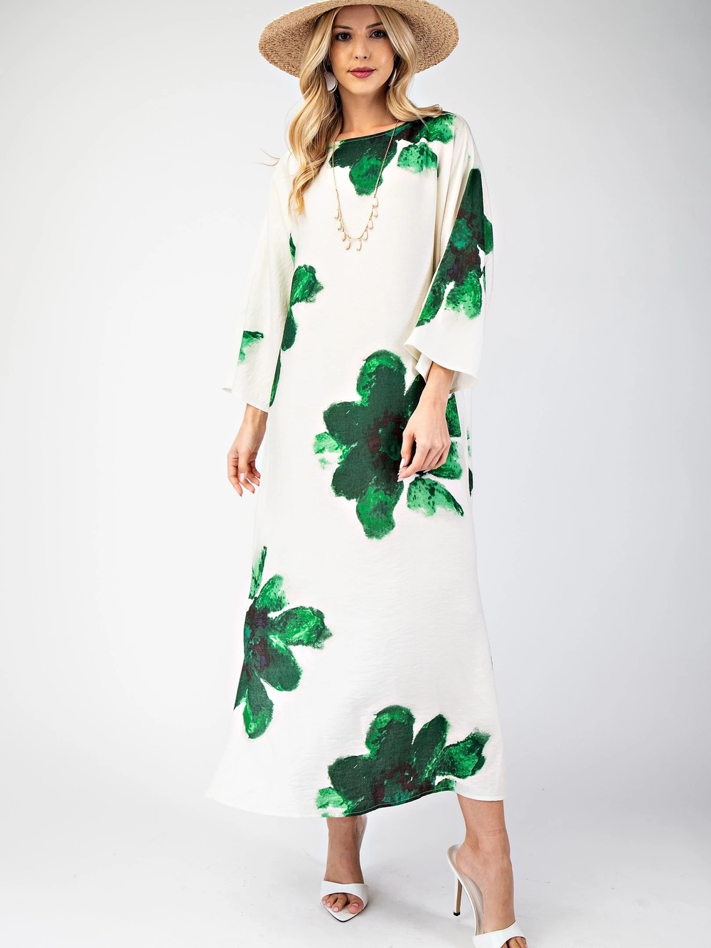 Women's White Maxi Dress with Green Floral Print